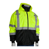 The PIP Waterproof Reflective Value Bomber Jacket 333-1766 features a neon yellow upper, black lower section, gray reflective stripes, front zipper, hood, and long sleeves; meets ANSI Class 3 standards. Displayed on a featureless mannequin.