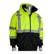 The PIP Waterproof Reflective Value Bomber Jacket 333-1766 is a high-visibility yellow and black ANSI Class 3 jacket with silver stripes, zipper, hood, and chest pocket. Shown on a silver mannequin against a white background. Ideal for workwear.