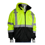The PIP Waterproof Reflective Value Bomber Jacket 333-1766 is a high-visibility yellow and black ANSI Class 3 jacket with silver stripes, zipper, hood, and chest pocket. Shown on a silver mannequin against a white background. Ideal for workwear.