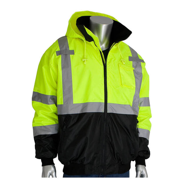 The PIP Waterproof Reflective Value Bomber Jacket 333-1766 is a high-visibility yellow and black ANSI Class 3 jacket with silver stripes, zipper, hood, and chest pocket. Shown on a silver mannequin against a white background. Ideal for workwear.