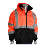 A mannequin displays the PIP Waterproof Reflective Value Bomber Jacket 333-1766, an ANSI Class 3 hi-vis workwear jacket with orange top, black bottom, gray reflective stripes, hood, front zipper, and pockets from PIP.