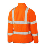 The PIP Bisley ANSI Type R Class 3 Reversible Puffer Jacket 333M6350H by Protective Industrial Products features a bright orange color with reflective silver strips across the chest, back, and arms for enhanced safety in low-light conditions. This waterproof jacket ensures you remain dry and visible. It is showcased against a plain white background.