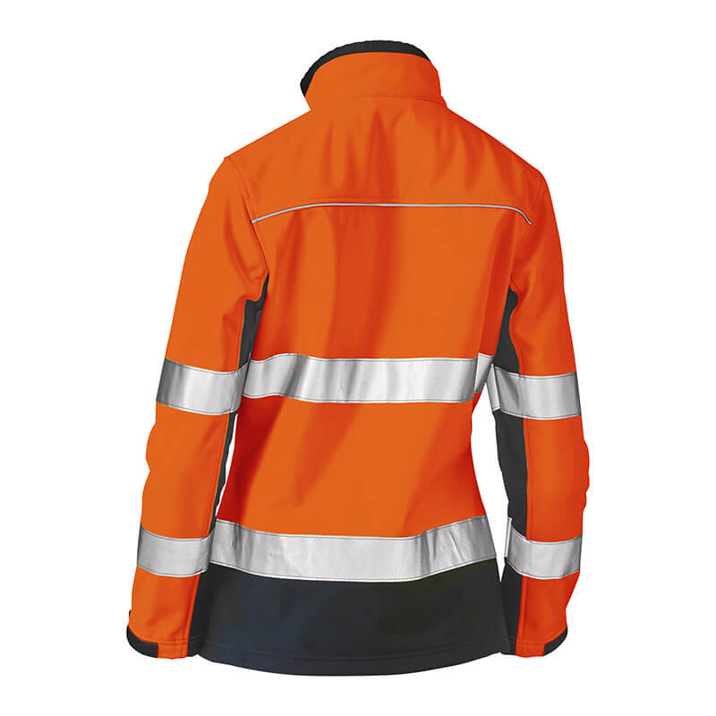 Introducing the PIP Bisley Women's Contoured Softshell Jacket by Protective Industrial Products. This high-visibility orange workwear piece includes reflective silver bands around the torso and arms. It features a high collar, black side panels, and an elegantly displayed back.