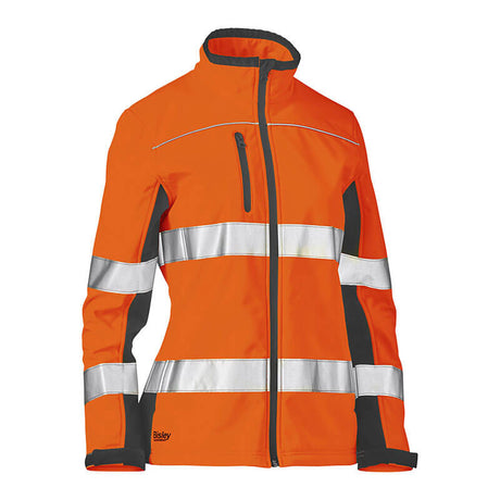 The PIP Bisley Women's Contoured Softshell Jacket by Protective Industrial Products is a hi-vis orange workwear jacket featuring reflective silver stripes across the chest, waist, and sleeves. It includes a front zipper and a zippered chest pocket, specifically designed for high visibility safety wear.