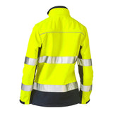 The PIP Bisley Women's Softshell Jacket 333W6059T by Protective Industrial Products is designed in a vibrant yellow color with silver reflective stripes across the back and arms. This high-visibility jacket includes a black collar and black lower sections on the sleeves and hem, ensuring water resistance for versatile all-weather use.