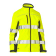 The PIP Bisley Women's Contoured Softshell Jacket by Protective Industrial Products is a high-visibility piece in Hi-Vis Yellow. It features reflective silver stripes on the sleeves, chest, and waist for enhanced visibility. The jacket includes a contrasting black zipper and a zippered chest pocket, along with stylish black panels on the sides and cuffs.