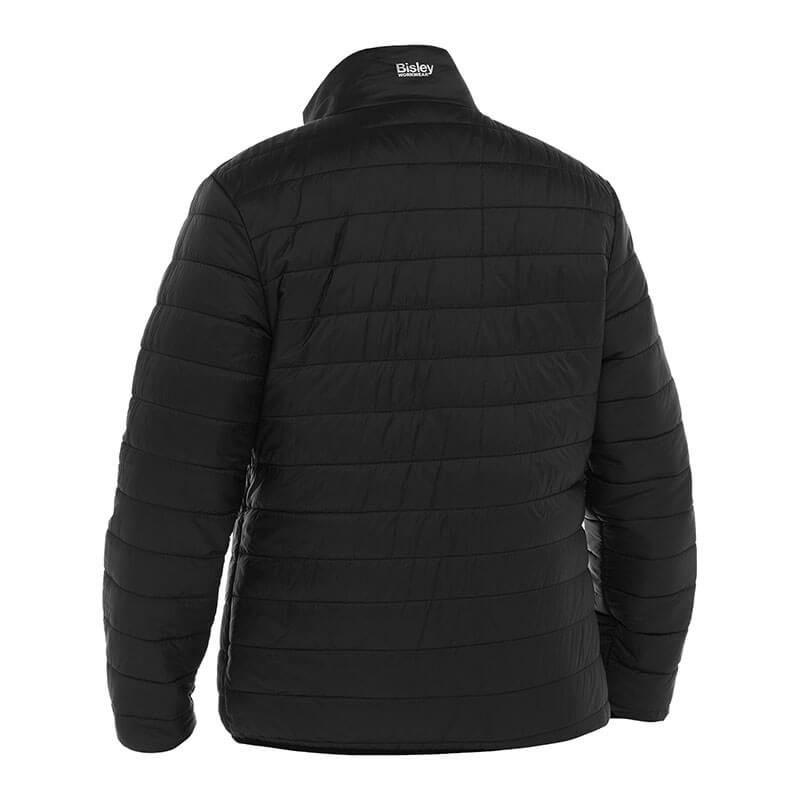 The back of the PIP Bisley ANSI Type R Class 3 Women's Reversible Puffer Jacket features horizontal stitching in a sleek black insulated design, with "Bisley" tastefully displayed near the collar. This high-neck, long-sleeved jacket combines style and functionality, ensuring maximum visibility with its adherence to ANSI Type R Class 3 standards.