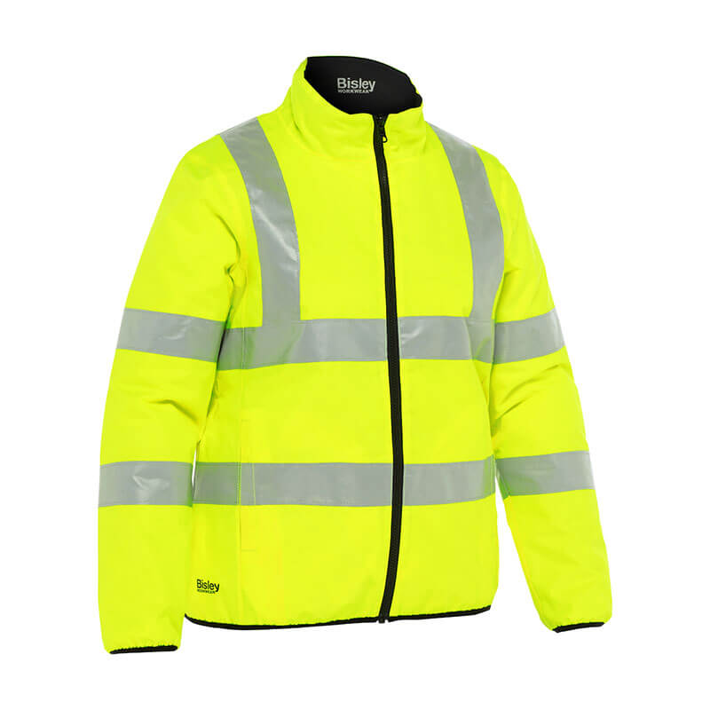 Introducing the PIP Bisley ANSI Type R Class 3 Women's Reversible Puffer Jacket by Protective Industrial Products. This hi-vis yellow jacket features silver reflective stripes across the chest, waist, and sleeves. With its zipper closure and collar, it ensures superior visibility in low-light conditions.