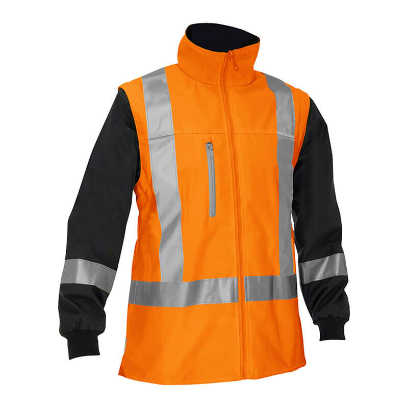 The PIP Bisley Women's 5-in-1 Jacket with Navy Bottom (333W6375H) from Protective Industrial Products combines style with safety, featuring a vibrant orange body paired with navy sleeves and high-visibility silver reflective stripes. Designed for comfort and practicality, the jacket includes a front zipper, high collar, and zippered chest pocket, making it perfect for waterproof workwear needs.