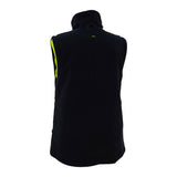 The PIP Bisley Women's 5-in-1 Jacket, featuring a navy bottom and high collar, is displayed from the back. It has a black, sleeveless design with yellow stripes along the sides and appears to be made of warm fleece-like material—making it an ideal choice for those seeking versatile waterproof workwear.