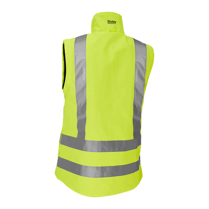 The PIP Bisley Women's 5-in-1 Jacket w/Navy Bottom 333W6375H, designed by Protective Industrial Products, offers enhanced visibility with its high-visibility yellow design and reflective silver stripes on the back. This essential piece of waterproof workwear includes a high collar and a sleeveless style for improved safety in low-light conditions.