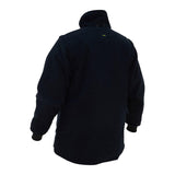 Showcasing the PIP Bisley Women's 5-in-1 Jacket w/Navy Bottom 333W6375H, this black high-collared piece is displayed from the back, featuring long sleeves and a relaxed fit. The fleece material ensures warmth while ribbed cuffs deliver a snug fit, making it an excellent option for versatile comfort by PIP - Protective Industrial Products.