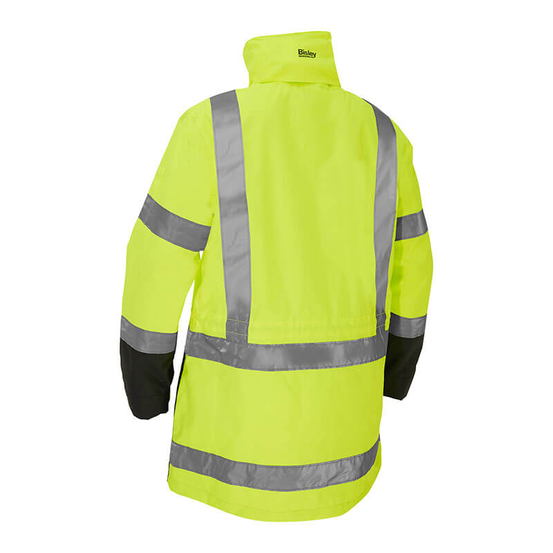 The PIP Bisley Women's 5-in-1 Jacket w/Navy Bottom 333W6375H, featuring a bright yellow hi-vis design with reflective silver stripes on the sleeves, chest, and back, is showcased on a plain white background. This waterproof workwear from PIP - Protective Industrial Products offers safety and style for demanding environments.