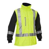 The PIP Bisley Women's 5-in-1 Jacket w/Navy Bottom 333W6375H by Protective Industrial Products features a high-visibility yellow design with reflective gray stripes, a zipper closure, high collar, and black sleeves. This waterproof workwear jacket is crafted to seamlessly blend functionality with style.