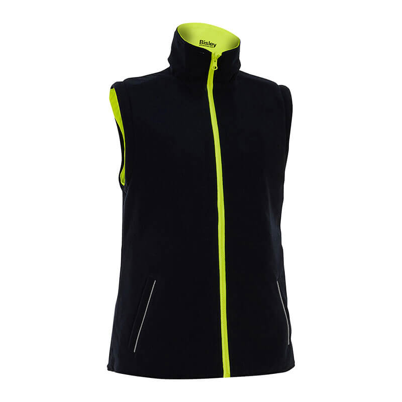 This black sleeveless vest, inspired by a Hi-Vis Jacket with its bright yellow zipper and matching trim, features a high collar. It includes two front zippered pockets, with the stylish design highlighting the "PIP - Protective Industrial Products" brand on the inside collar.