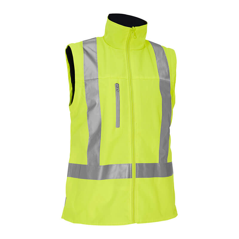 Introducing the PIP Bisley Women's 5-in-1 Jacket with Navy Bottom (333W6375H) by Protective Industrial Products, designed for optimal visibility. This jacket features a vibrant yellow and navy design with reflective silver strips, a front zipper, and a convenient zippered chest pocket. Its sleeveless design enhances comfort while ensuring safety in low-light conditions.