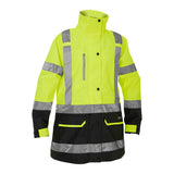 The PIP Bisley Women's 5-in-1 Jacket w/Navy Bottom 333W6375H by Protective Industrial Products is designed in high-visibility yellow with contrasting navy, featuring reflective stripes to boost safety. It includes a high collar, several pockets, and secure button closures, making it the ideal waterproof workwear choice for low-light conditions.