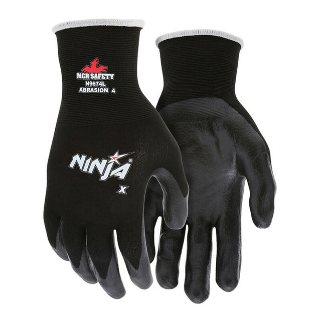 MCR Safety Ninja X Professional Grade Glove N9674, black with white cuff trim, offers superior grip with coated palm and fingers. Features the MCR Safety logo and abrasion rating. Sold as a pack of 12 pairs.