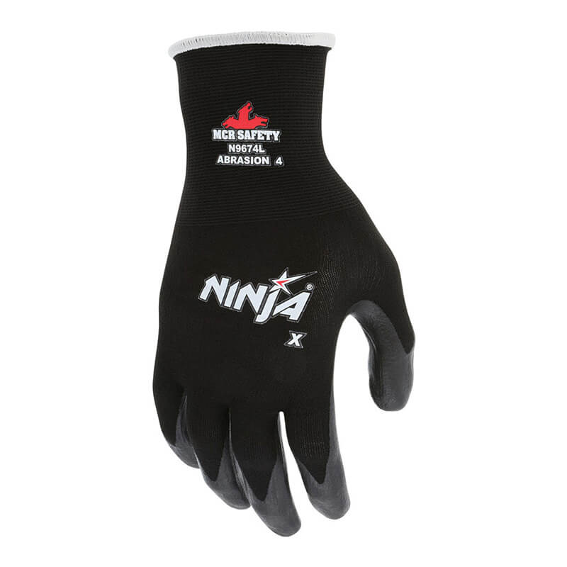 The MCR Safety Ninja X Professional Grade Glove N9674 (12 pairs) offers a black design with “Ninja” and “MCR Safety N9674L Abrasion 4” on the back, plus a textured grip on the palm and fingers for enhanced protection.