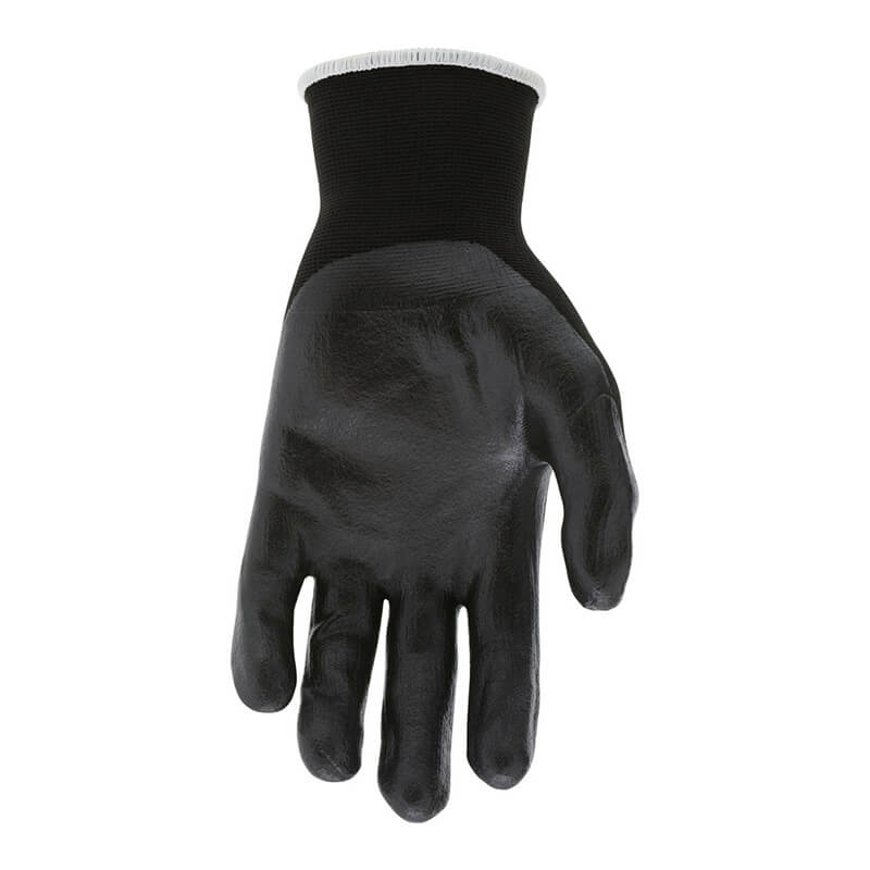The MCR Safety Ninja X Professional Grade Glove N9674 (12 pairs) is a black work glove with a textured, coated palm and fingers, shown upright with the palm forward and a wrist cuff featuring a white edge.
