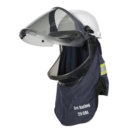 The NSA Enespro AirLite 25 Cal Vented Lift Front Shroud EN253STGNB01AL features a transparent face shield and protective fabric drape. The drape, marked with "Arc Rating 25 CAL" and enhanced by reflective stripes, represents cutting-edge safety equipment designed specifically for electrical safety and arc flash protection.