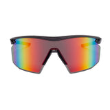 Front view of the Pyramex PMXSPEC Spectrum Mirror Safety Glasses SB11295ST reveals their vibrant, mirrored lenses that reflect a spectrum of colors. The sleek black frame delivers a modern and streamlined look, providing superior protection with anti-fog lenses to ensure clarity and safety in all conditions.