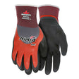 The MCR Safety Memphis Ninja BNF N96783 gloves, available in a pack of 12 pairs, feature a design with black palms and fingers, red backs, and white cuffs. They are crafted using Breathable Nitrile Foam for superior grip performance and added comfort.