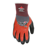 The MCR Safety Memphis Ninja BNF N96783 glove in red, black, and gray features breathable nitrile foam and abrasion resistance. Displayed upright with the palm facing forward. Brand: MCR Safety (12 pairs).