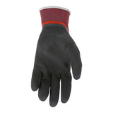 A single MCR Safety Memphis Ninja BNF N96783 black glove with a textured surface and red cuff is shown palm up on a white background, highlighting its breathable nitrile foam and abrasion resistance.