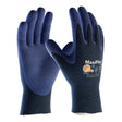 A pair of PIP ATG MaxiFlex Elite Ultra Lightweight Work Gloves 34-274 (12 pairs) in dark blue are shown upright, with one displaying the logo and certifications. These micro-foam nitrile gloves deliver excellent grip and dexterity.