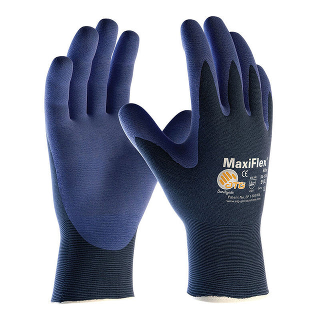 A pair of PIP ATG MaxiFlex Elite Ultra Lightweight Work Gloves 34-274 (12 pairs) in dark blue are shown upright, with one displaying the logo and certifications. These micro-foam nitrile gloves deliver excellent grip and dexterity.