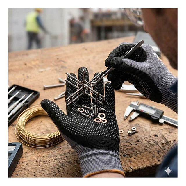 Wearing PIP MaxiFlex Endurance w/Full Nitrile MicroFoam Gloves 34-846, a person arranges screws, washers, and metal rods on their gloved hand, with assorted tools and hardware scattered on a workbench in the background.