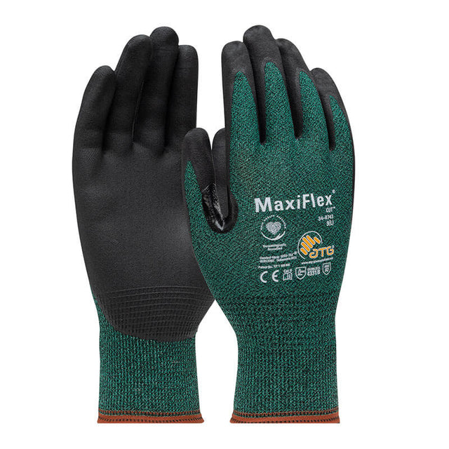 A pair of PIP ATG MaxiFlex Cut Resistant Gloves 34-8743 (green/black, CUT 3) with a white logo on the back, shown with one glove palm up and the other back facing forward. Brand: PIP.