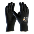 The ATG MaxiFlex Endurance Micro-Foam Nitrile Grip Glove 34-8745, available in a pack of 12 pairs from PIP - Protective Industrial Products, combines black and orange colors with a textured grip on the palms and fingers. Featuring white text and symbols, these gloves are Skin Safe Certified. They are crafted with Micro-Foam Nitrile to ensure both durability and comfort for extended wear.