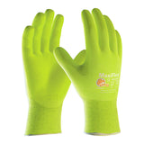 A bright yellow-green PIP MaxiFlex High-Visibility Micro-Foam Grip Glove 34-874FY, featuring abrasion resistance and "MaxiFlex Ultimate" branding in white and orange on the back. Sold in packs of 12 pairs.
