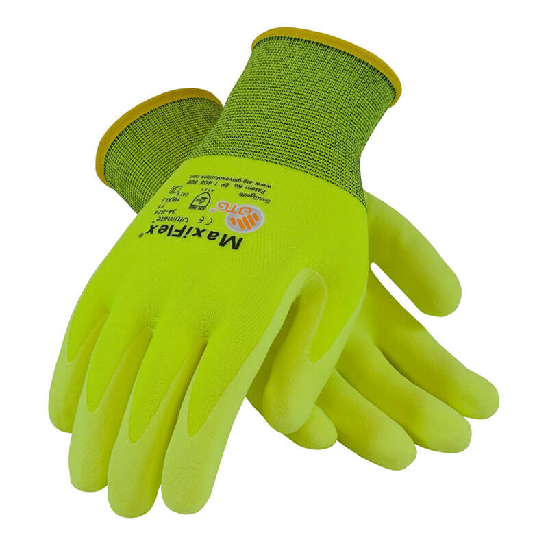 Introducing the MaxiFlex High-Visibility Micro-Foam Grip Glove 34-874FY by PIP - Protective Industrial Products, featuring a vibrant yellow design with green cuffs. These gloves offer micro-foam grip material on the palms and fingers, making them perfect for industrial or gardening applications.