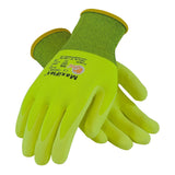 Introducing the MaxiFlex High-Visibility Micro-Foam Grip Glove 34-874FY by PIP - Protective Industrial Products, featuring a vibrant yellow design with green cuffs. These gloves offer micro-foam grip material on the palms and fingers, making them perfect for industrial or gardening applications.