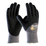 A pair of PIP ATG MaxiFlex Ultimate Micro-Foam 3/4 Coated Palm Nitrile Gloves 34-875 (black/gray) is shown upright with palms forward, displaying logos and text on the cuffs.