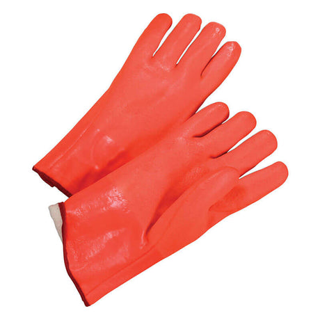 A pair of PIP PVC Dipped Gloves with Foam Liner and Rough Finish 1027ORF, featuring a hi-vis orange color. One glove overlaps the other as they lie flat, showcasing their durable design made for protection or cleaning purposes.