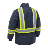 The PIP Bisley Navy Extreme Cold Jacket 341M6460H is a high visibility work jacket from PIP, featuring silver and yellow reflective stripes on the back, sleeves, and waist for safety in demanding environments.