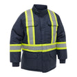The PIP Bisley Navy Extreme Cold Jacket 341M6460H by PIP features bright yellow and silver reflective stripes, two front pockets, a high collar, and offers ANSI-compliant protection for high-visibility safety in extreme cold.