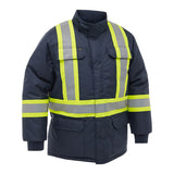The PIP Bisley Navy Extreme Cold Jacket 341M6460H by PIP features bright yellow and silver reflective stripes, two front pockets, a high collar, and offers ANSI-compliant protection for high-visibility safety in extreme cold.