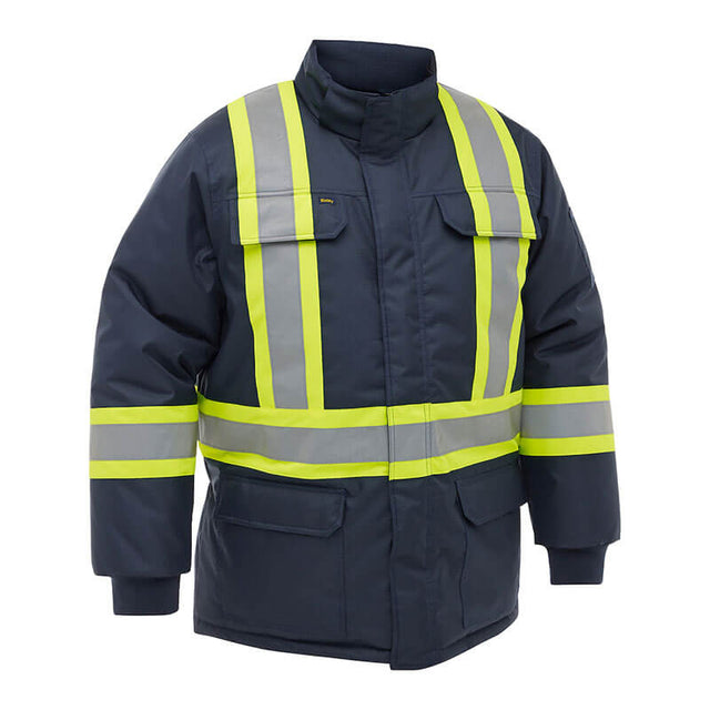 The PIP Bisley Navy Extreme Cold Jacket 341M6460H by PIP features bright yellow and silver reflective stripes, two front pockets, a high collar, and offers ANSI-compliant protection for high-visibility safety in extreme cold.