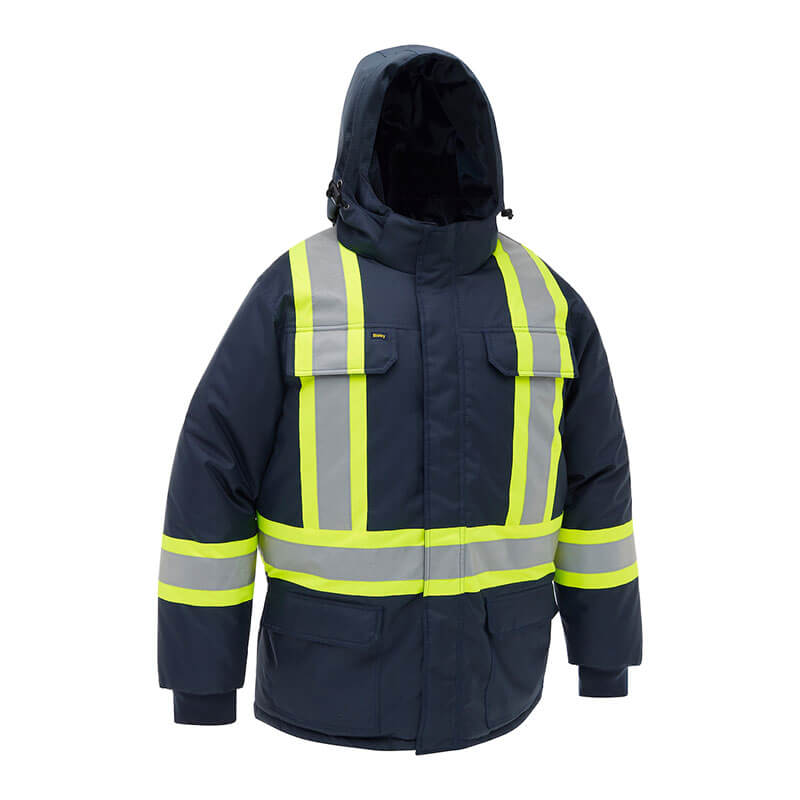 The PIP Bisley Navy Extreme Cold Jacket 341M6460H by PIP features a hood, yellow reflective stripes for high visibility, ANSI-compliant protection, two large chest pockets, and a front zip with flap closure.