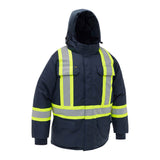 The PIP Bisley Navy Extreme Cold Jacket 341M6460H by PIP features a hood, yellow reflective stripes for high visibility, ANSI-compliant protection, two large chest pockets, and a front zip with flap closure.