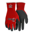 MCR Safety Memphis Ninja Flex Glove N9680 (12 pairs) features red and black design, "MCR Safety N968L Abrasion 8" on the back, and textured black palms for superior grip—ideal professional-grade protection for tough industrial work.