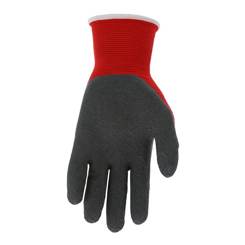 The MCR Safety Memphis Ninja Flex Glove N9680 (12 pairs) features a red fabric wrist and back, with a textured gray rubber-coated palm and fingers for professional-grade hand protection, displayed palm forward.