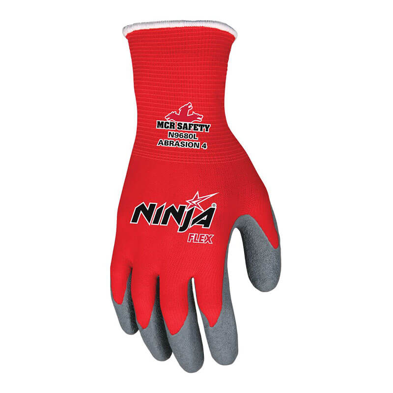 The MCR Safety Memphis Ninja Flex Glove N9680 (12 pairs) features a red and gray design with a running person logo, delivering professional-grade hand protection for industrial or protective use.