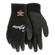 A pair of MCR Safety Ninja Ice Glove N9690 black cold weather gloves with abrasion rating and MCR Safety details on the cuffs. Hydropellent technology and a textured palm/finger coating enhance grip. Sold as 12 pairs.