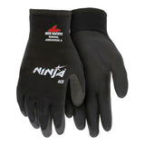 A pair of MCR Safety Ninja Ice Glove N9690 black cold weather gloves with abrasion rating and MCR Safety details on the cuffs. Hydropellent technology and a textured palm/finger coating enhance grip. Sold as 12 pairs.